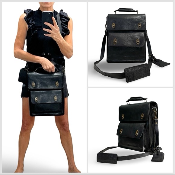 NWOT! Black Water Buffalo Rugged All Leather Messenger Gamer File Crossbody Bag - Picture 2 of 14